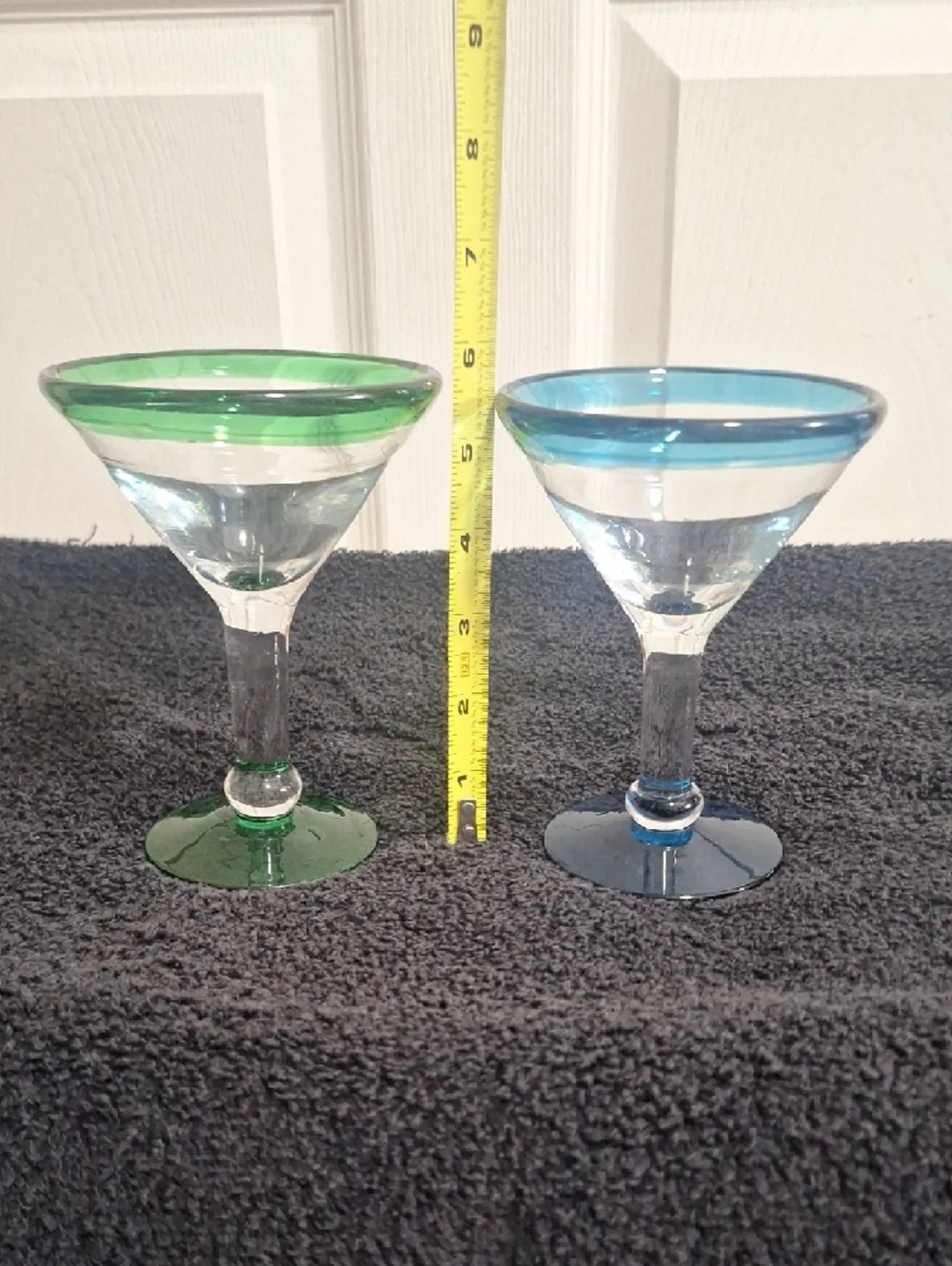 Pair of Colored-Rim Martini Margerita Glasses - Green  Blue